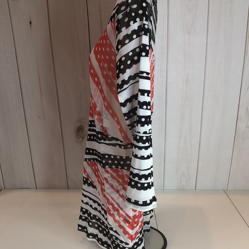 Chic Women's Black and Red Semi Sheer Striped Blouse 3/4 Sleeves Women's Small - Picture 6 of 13